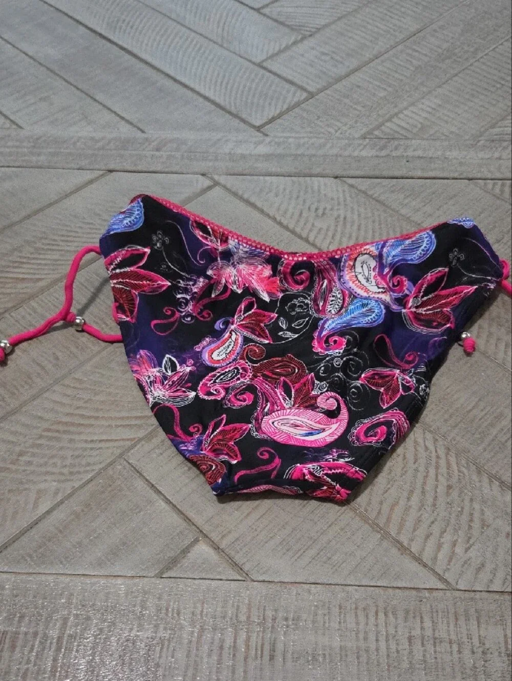Society Black Paisley Bikini Bottom with Hot Pink Tie-Sides